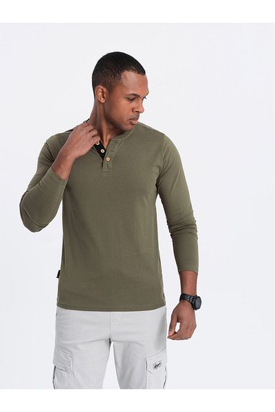 OMBRE Herren Langarmshirt aus Baumwolle mit Knöpfen am Halsausschnitt - Dunkeloliv V1 OM-LSCL-0107 L