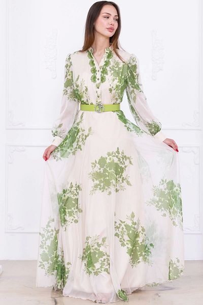 lodmela Lapel Lace Embroidered Chiffon Evening Dress 2728-Green
