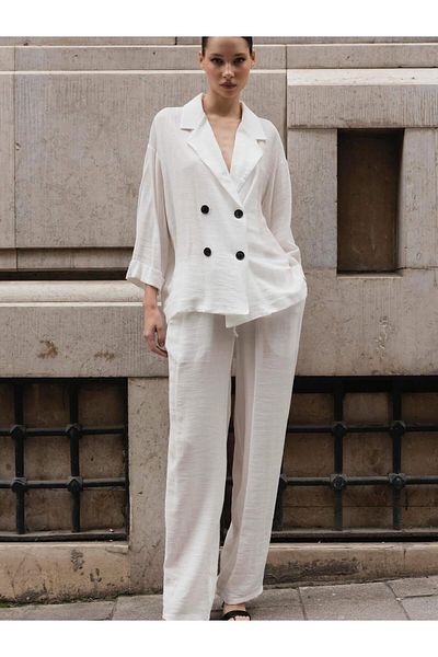Coral Four Button Slim Jacket Pants Suit White