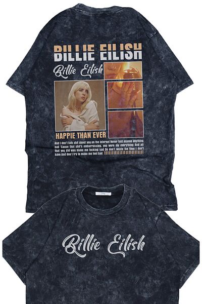 Fuddy Moda Tricou lavabil oversize Billie Eilish cu imprimeu pe spate, tricou unisex Happier Then Ever scris