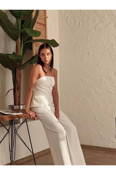 Coral Back Zipper Strapless Blouse Trousers Suit White