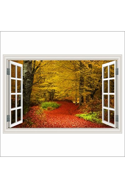 media Fototapet autocolant Fereastra Padure toamna, frunze rosii, 150 x 100 cm