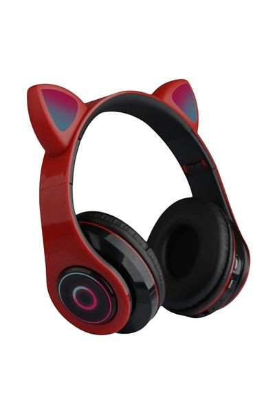 ABYZ Wireless Headphones, Cat Ears, Bluetooth 5.0, Handsfree, HiFi, Bass Stereo, LED, TF, Radio, Red