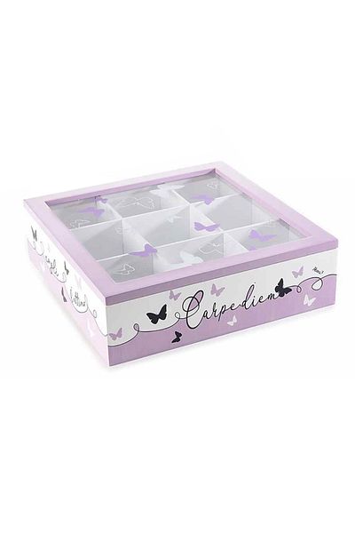 Decorer Tea Box Glass Wood White Purple Black 24x24x7 cm