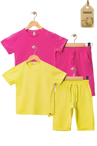 MK Mukko Kids Girl Boy 2 Piece Set Wooden Button Design Basic Summer Bottom Top Set (Yellow Fuchsia)
