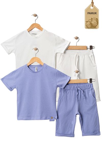 MK Mukko Kids Girl Boy 2 Piece Set Wooden Button Design Basic Summer Bottom Top Set (White Lilac)