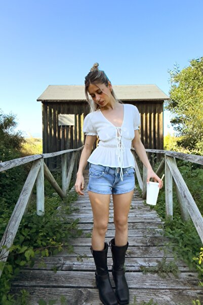 Bershka Gathered short sleeve shirt with tie detail