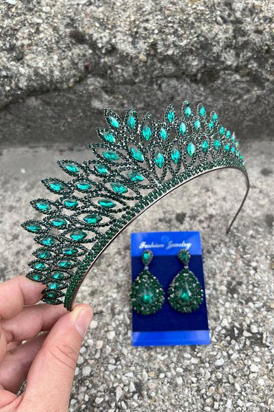 Hobigram Alexa Green Bridal Henna Crown Special Occasion Accessory Women's Crown and Drop Shuttle Earrings Set