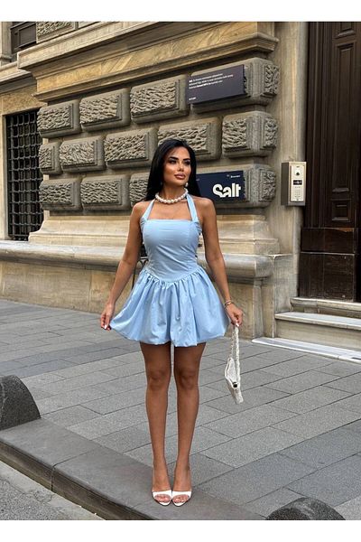 Stil Sepeti Rochie mini balon pentru femei, albastru, cu gât, cu detaliu Gipe, căptușită din țesătură poplin ELY-100041231
