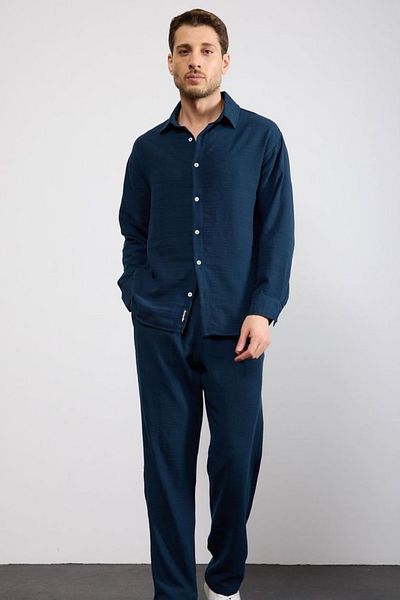 thesunfyre Men's Linen Relaxed Fit Baggy Pants and Long Sleeve Oversize Shirt Bottom Top Set