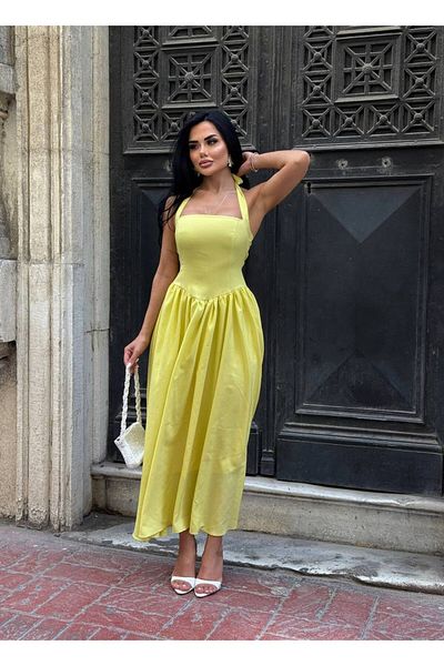 Stil Sepeti Rochie maxi din țesătură poplin căptușită cu gât galben pentru femei ELY-100041230