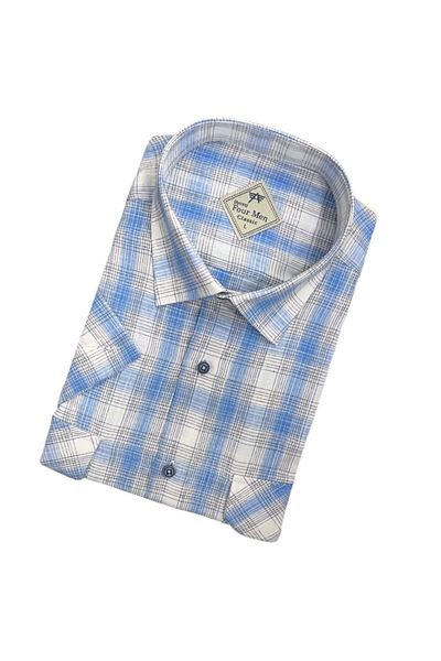 GÖMLEK GALERİSİ Men's Classic Loose Fit Double Pocket Plaid Short Sleeve Shirt
