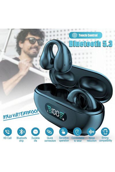 zeevos r15 wireless headphones, open-ear, bluetooth 5.3, true wireless, sports model, ear clip