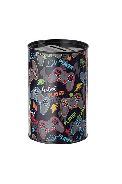 OEM BestPlayer Piggy Bank for Children, Cylindrical Shape and Console Print, Metal, Black, 9x13 cm