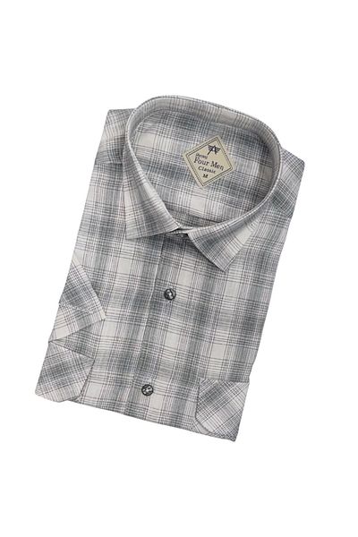 GÖMLEK GALERİSİ Men's Classic Loose Fit Double Pocket Plaid Short Sleeve Shirt