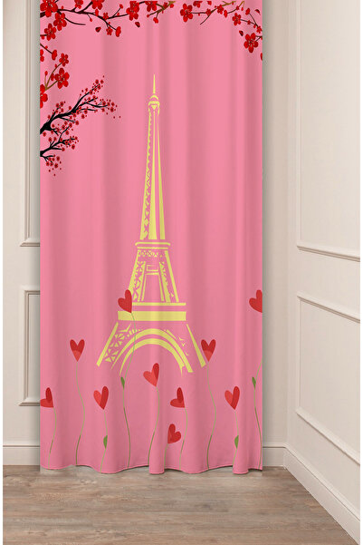 GREENDECOR Love Eiffel Tower Heart Pink Red Patterned Special Design Digital Printed (Single Wing) Stylish Background Curtain