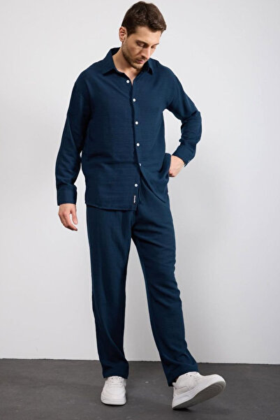 thesunfyre Men's Linen Relaxed Fit Baggy Pants and Long Sleeve Oversize Shirt Bottom Top Set