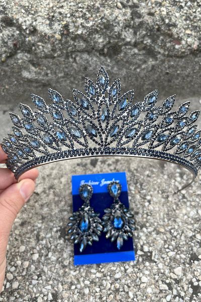 Hobigram Alexa Navy Blue Bridal Henna Crown Special Occasion Accessory Women's Crown and Wide Shuttle Earrings Set
