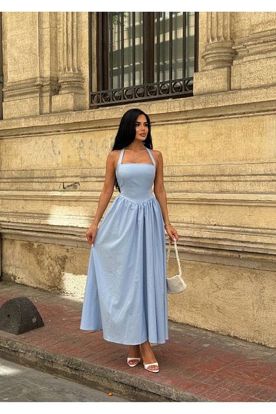 Stil Sepeti Rochie maxi pentru femei, albastru, cu gât și spate, cu detaliu Gipe, căptușită din țesătură poplin ELY-100041230