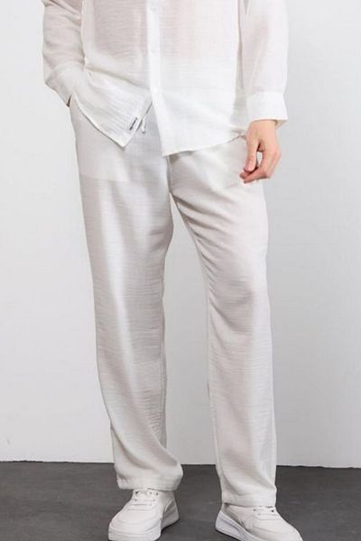 thesunfyre Men's Waist Tie Baggy Fit Relaxed Fit Linen Look Trousers