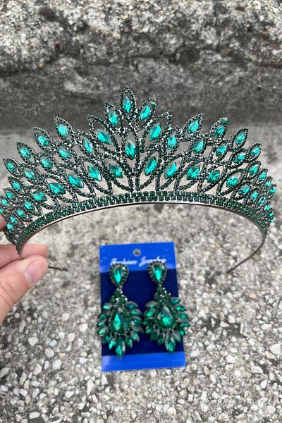 Hobigram Alexa Green Bridal Henna Crown Special Occasion Accessory Women's Crown and Wide Shuttle Earring Set