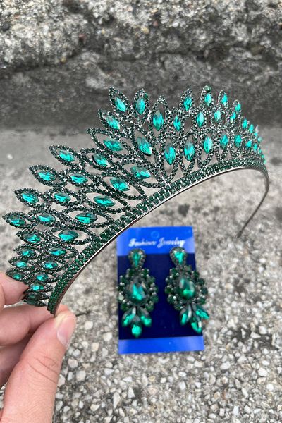 Hobigram Alexa Green Bridal Henna Crown Special Occasion Accessory Women's Crown and Three Shuttle Earrings Set – Crown, Crystal Stone