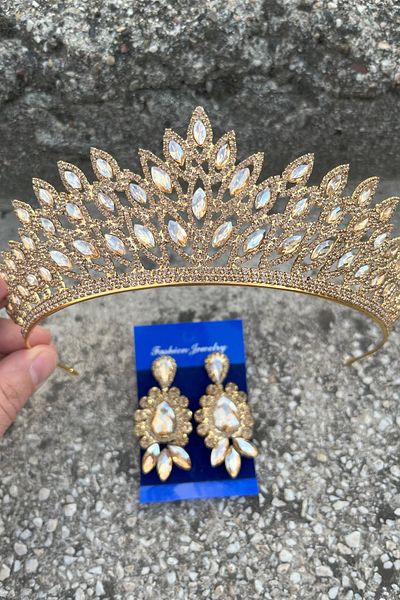 Hobigram Alexa Gold Bridal Henna Crown Special Occasion Accessory Women's Crown and Three Shuttle Earrings Set – Crown, Crystal Stone
