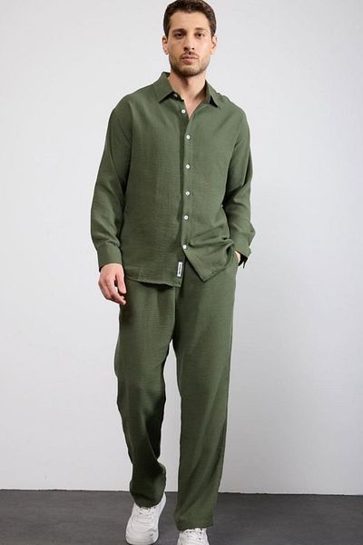 thesunfyre Men's Linen Relaxed Fit Baggy Pants and Long Sleeve Oversize Shirt Bottom Top Set
