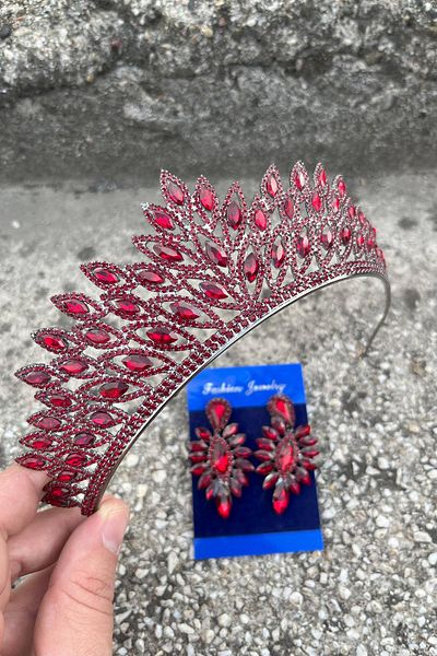 Hobigram Alexa Burgundy Bridal Henna Crown Special Occasion Accessory Women's Crown and Thin Shuttle Earrings Set