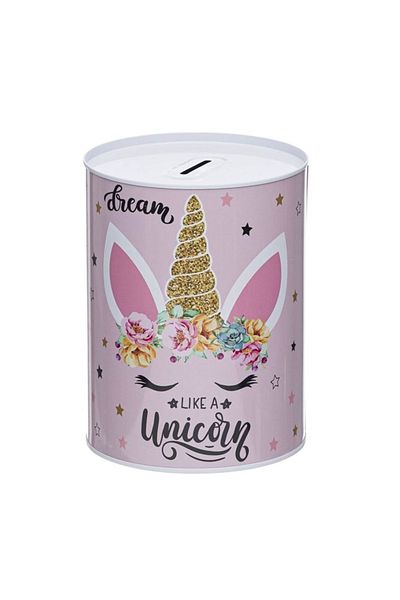 OEM UnicornDreams Piggy Bank for Children, Cylindrical Shape and Unicorn Print, Metal, Lilac, 13x17 cm