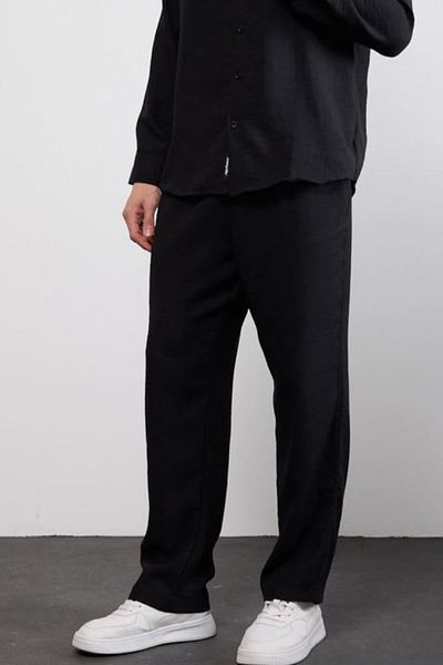 thesunfyre Men's Waist Tie Baggy Fit Relaxed Fit Linen Look Trousers