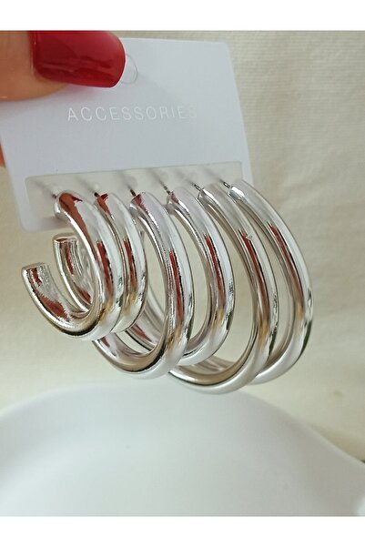mos&more Gümüş 3 Çift Kalın Boru Halka (3-4,5-5,5cm) Küpe, Hafif
