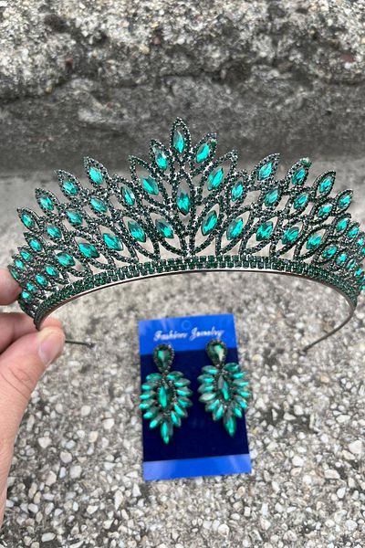 Hobigram Alexa Green Bridal Henna Crown Special Occasion Accessory Women's Crown and Thin Shuttle Earring Set