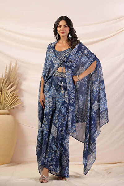 HashtagBe طقم عباءة نسائية بطبعة زهور زرقاء