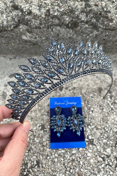 Hobigram Alexa Navy Blue Bridal Henna Crown Special Occasion Accessory Women's Crown and Thin Shuttle Earring Set