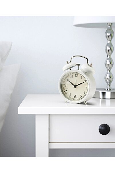 IKEA KALİTELİ Nostaljik Çalar Saat Çap 10 Cm İkea Masa Saati Beyaz Renk Yükseklik 14 Cm Çelik Saat
