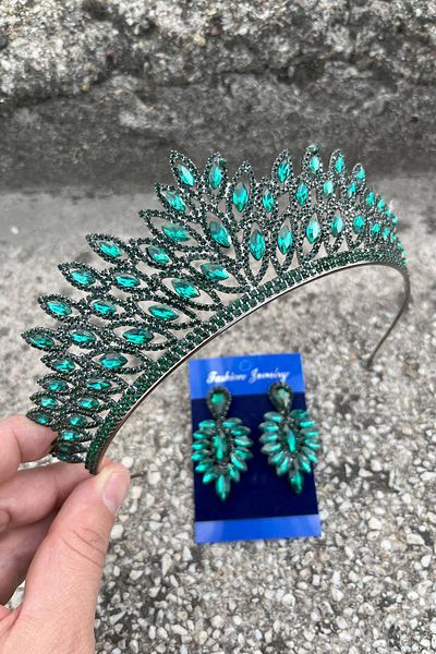 Hobigram Alexa Green Bridal Henna Crown Special Occasion Accessory Women's Crown and Thin Shuttle Earring Set