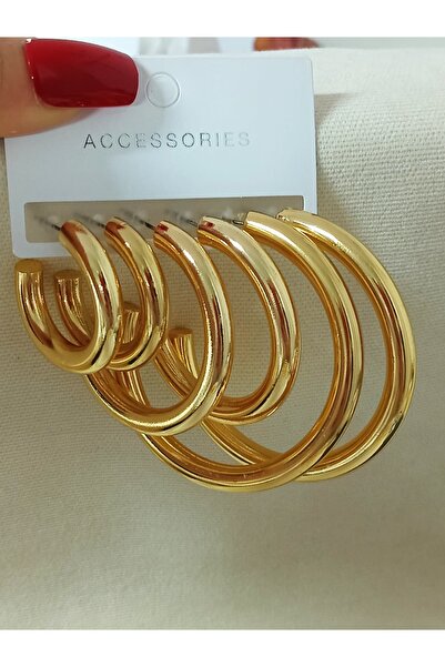 mos&more Gold 3 Çift Kalın Boru Halka (3-4,5-5,5cm) Küpe, Hafif