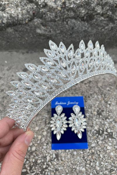 Hobigram Alexa Silver Bridal Henna Crown Special Day Accessory Women's Crown and Thin Shuttle Earring Set