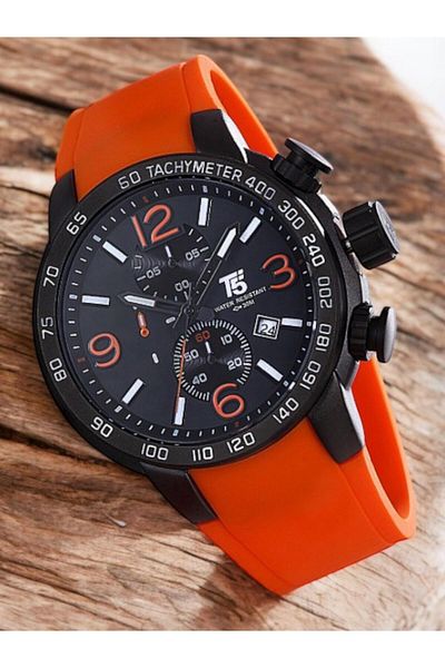 T5 Saat Men's Sports Watch - Orange Silicone Band, Calendar & Chronograph - Waterproof