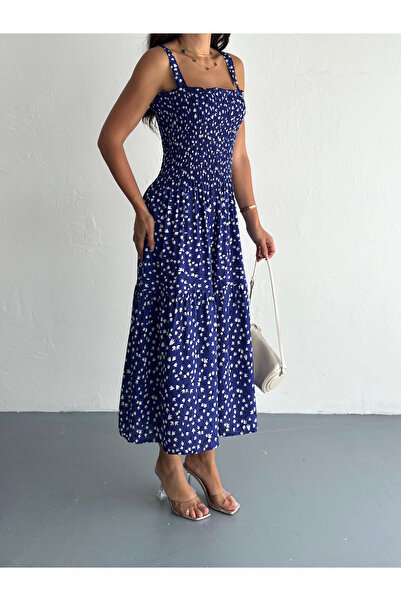 MaxiMor Gipeli Μπλε Floral Κρεμαστό Φόρεμα Μήκος δαπέδου Υφασμάτινο Βισκόζη 125 εκ.