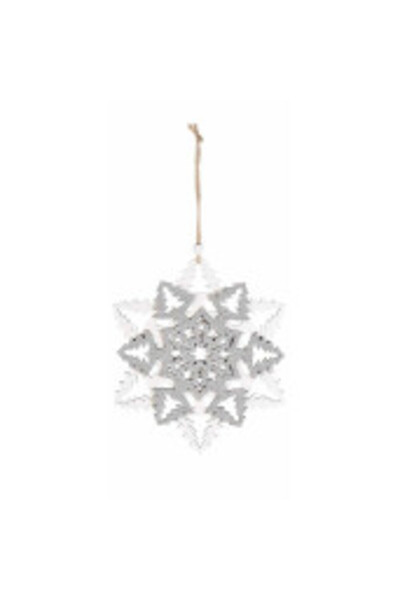 Decorer Κρεμαστό ξύλινο διακοσμητικό λευκό ασημί Χιονονιφάδα 16x18 εκ.