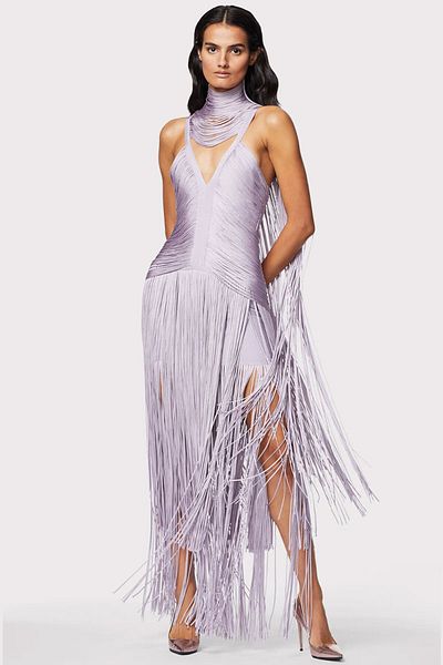 Herve Leger Rochie de seară cu franjuri și drapaj tip choker - - Lila, S
