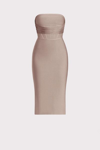 Herve Leger Rochie midi drapată fără bretele și franjuri - - Crem, S