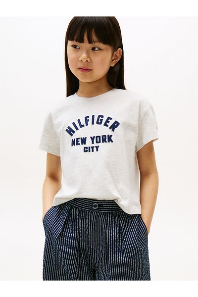 Tommy Hilfiger Girls Grey Heather Satin Applique Short Sleeve T-Shirt
