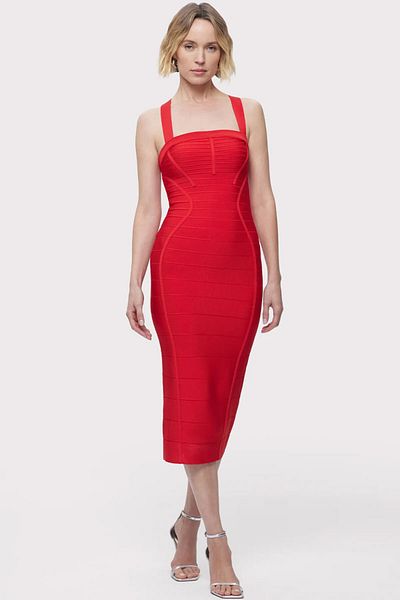 Herve Leger Rochie midi cu imprimeu bandaj și spate încrucișat - - Roșu, M