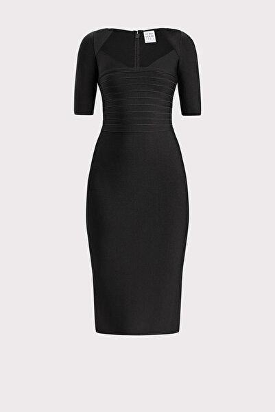 Herve Leger ICON BANDAGE PORTRAIT MIDI DRESS - - M, BLACK