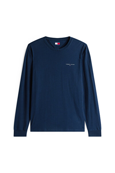 Tommy Hilfiger تي شيرت تومي هيلفيغر رجالي بقصّة عادية وأكمام طويلة باللون الأزرق الداكن