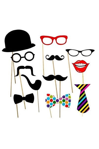 OEM Set 12 accesorii pentru petrecere, foto props, mustata, palarie si ochelari, multicolor