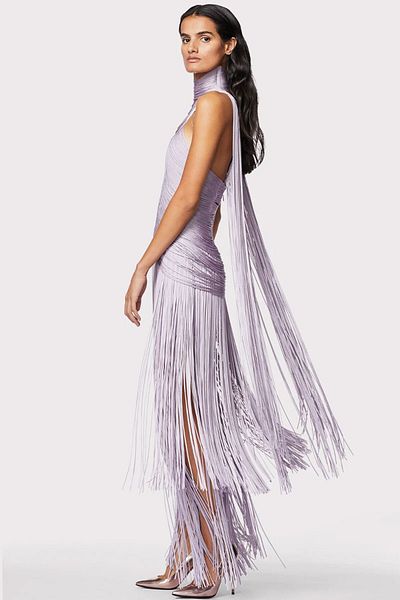Herve Leger Rochie de seară cu franjuri și drapaj tip choker - - Lila, S